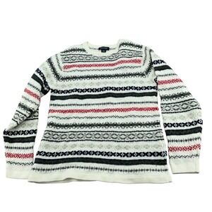 Nautica Sweater Women Medium Gray White Fair Isle Stripe Boho Ski Cotton Wool